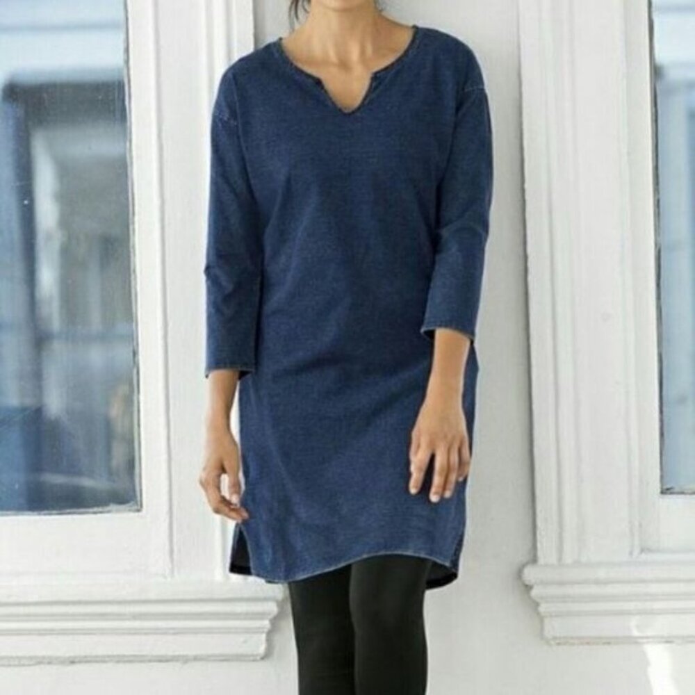 J.Jill Pure Jill Indigo Women's 3/4 Sleeve Chambray Dress Stretch Sz M Tall Blue